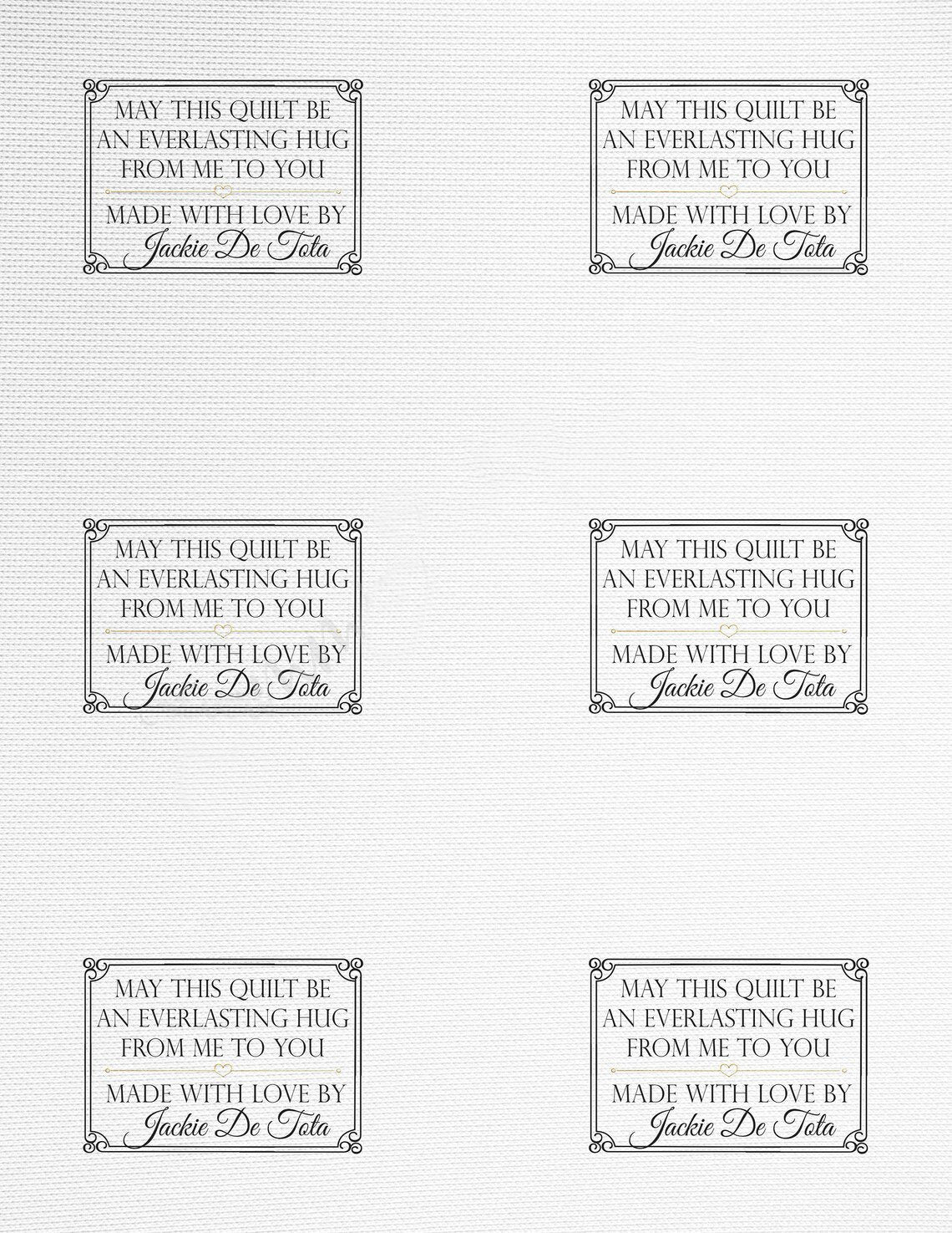 Personalized quilt labels in or Polyester with sew-on or iron on backing. Printed