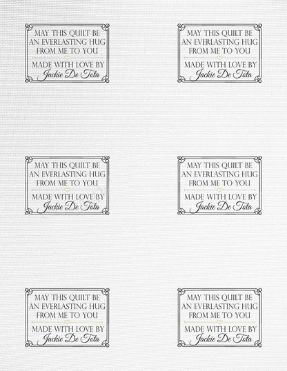 Personalized quilt labels in or Polyester with sew-on or iron on backing. Printed