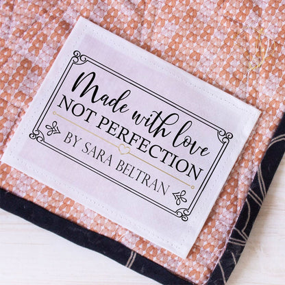 Personalized quilt labels in or Polyester with sew-on or iron on backing. Printed