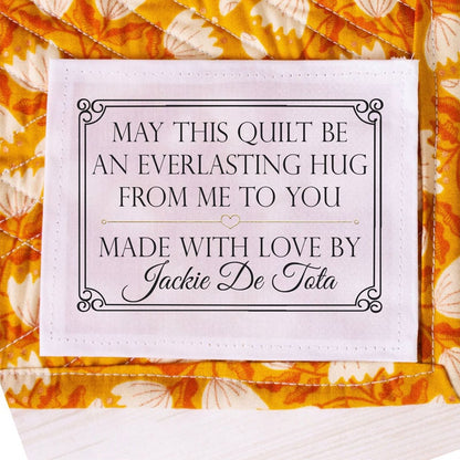 Personalized quilt labels in or Polyester with sew-on or iron on backing. Printed