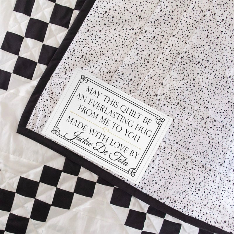 Personalized quilt labels in or Polyester with sew-on or iron on backing. Printed